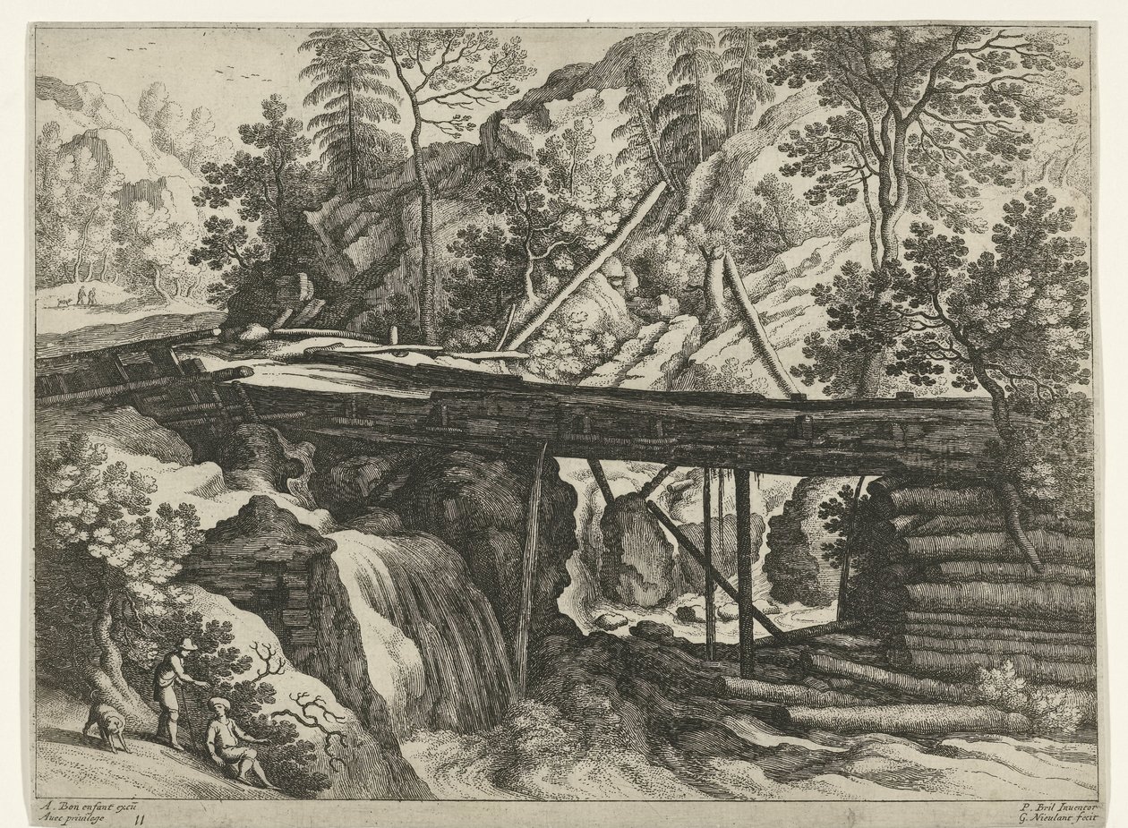 Horská krajina s dřevěným akvaduktem Italské krajiny (název série) od Willem van Nieulandt (II)