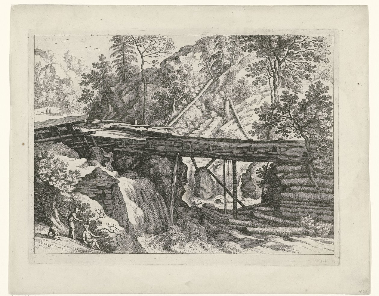 Horská krajina s dřevěným akvaduktem Italské krajiny (název série) od Willem van Nieulandt (II)