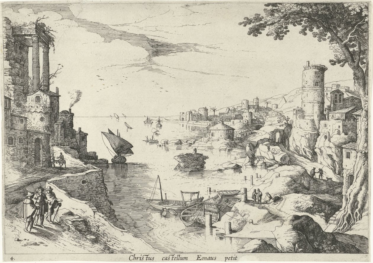 Krajina s Emauzskými cestovateli Christ castellum Emaus petit (titul na předmětu) Italské krajiny s biblickými scénami (název série) od Willem van Nieulandt (II)