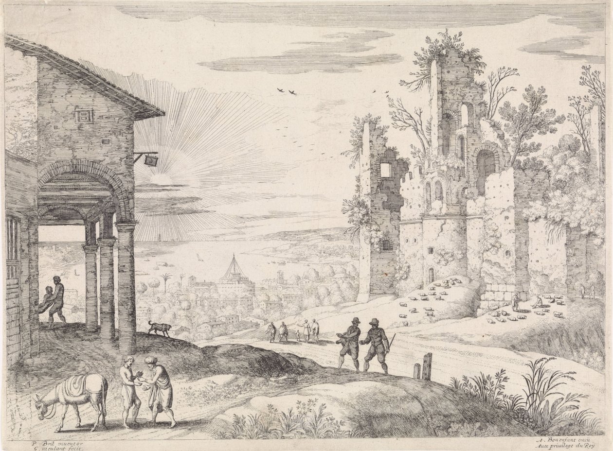Krajina s milosrdným Samaritánem v hostinci Italské krajiny (název série) od Willem van Nieulandt (II)