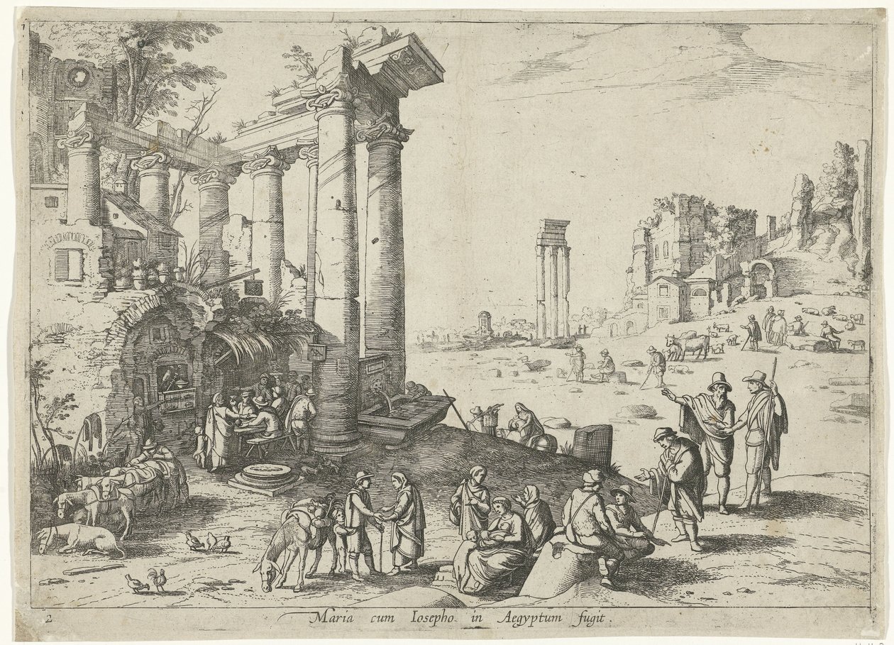 Krajina s útěkem do Egypta Maria cum Iosepho in Aegyptum fugit (titul na objektu) Italské krajiny s biblickými scénami (název série) od Willem van Nieulandt (II)