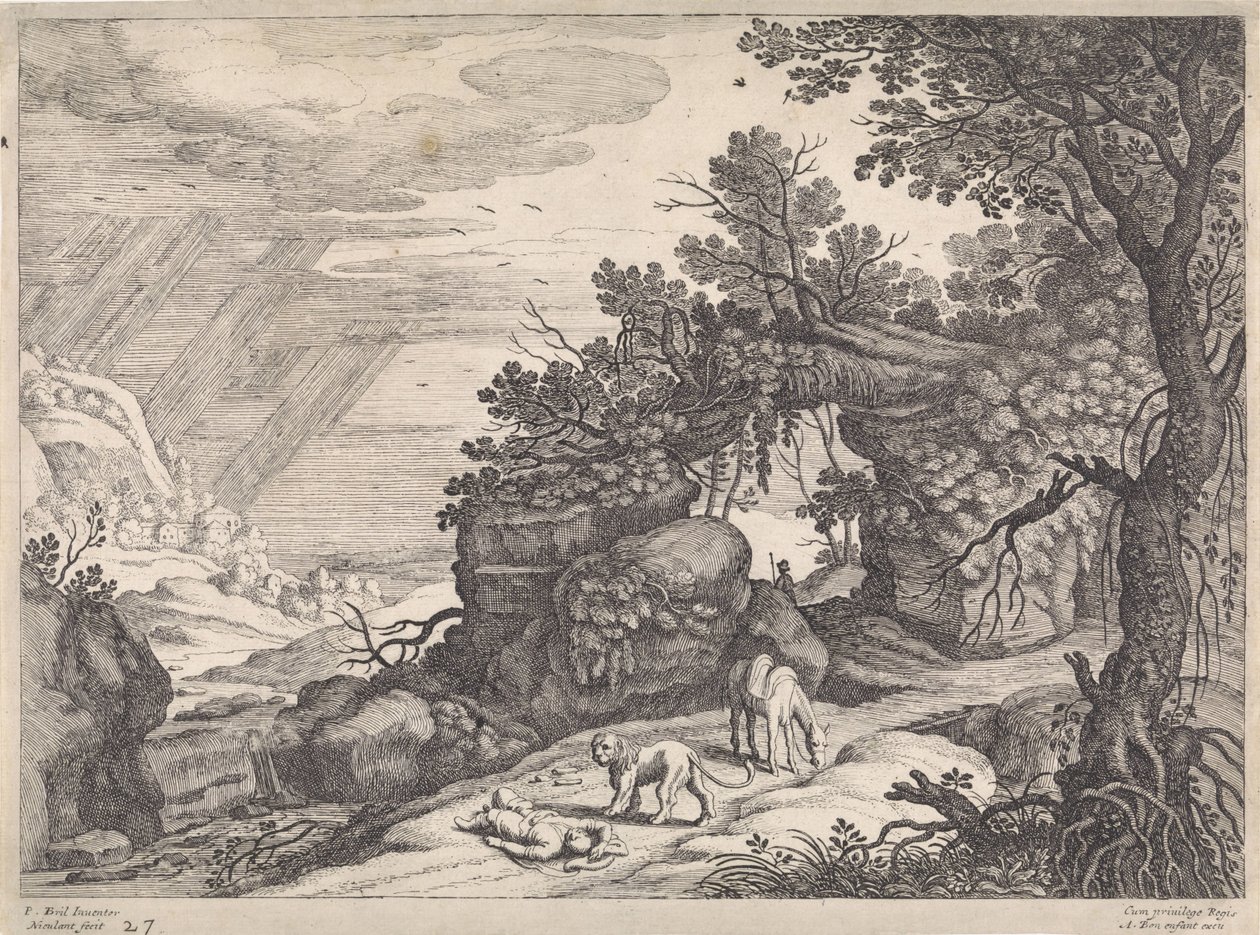 Krajina s mrtvým mužem Božím, lvem a oslem Italské krajiny (název série) od Willem van Nieulandt (II)