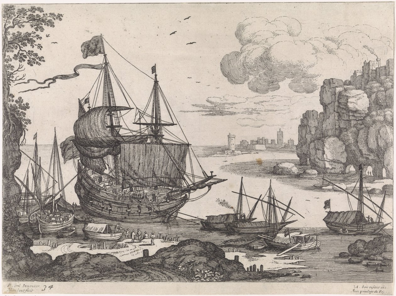 Lodě v přístavu Italské krajiny (název série) od Willem van Nieulandt (II)