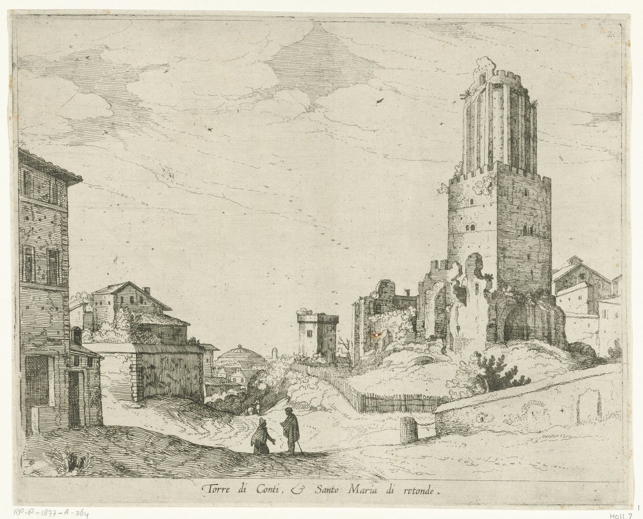 Torre delle Milizie a Pantheon Torre di Conti e Santo Maria di retonde (název na objektu) Pohledy na Řím (název série) od Willem van Nieulandt (II)