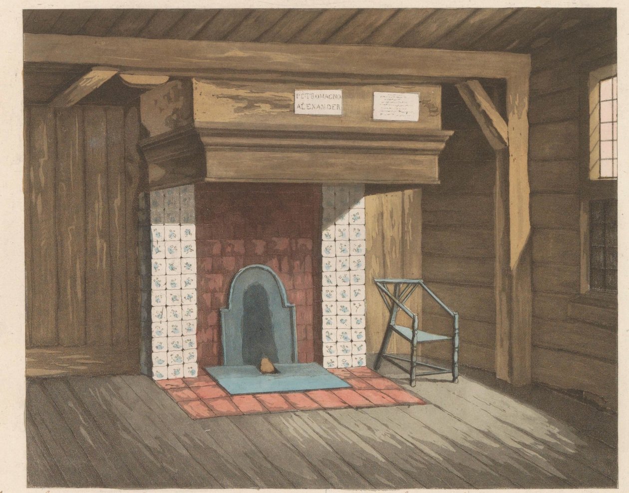 Interiér domu cara Petra v Zaandamu, 1824 Chata obývaná Czaarem peeter de groten v Zaandamu v roce 1697 (...) - La maisonnette habitée par le Czar pierre le grand à Zaandam (...) (název na objektu) od Willem van Senus (possibly)