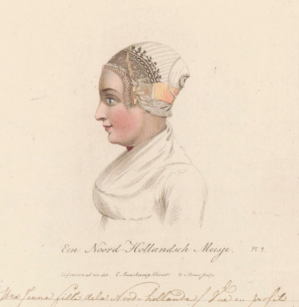 Čelenka dívky ze Severního Holandska, 1816 Dívka ze Severního Holandska / Une Jeune fille de la Nord-Hollande / Vue en profil (název na objektu) od Willem van Senus