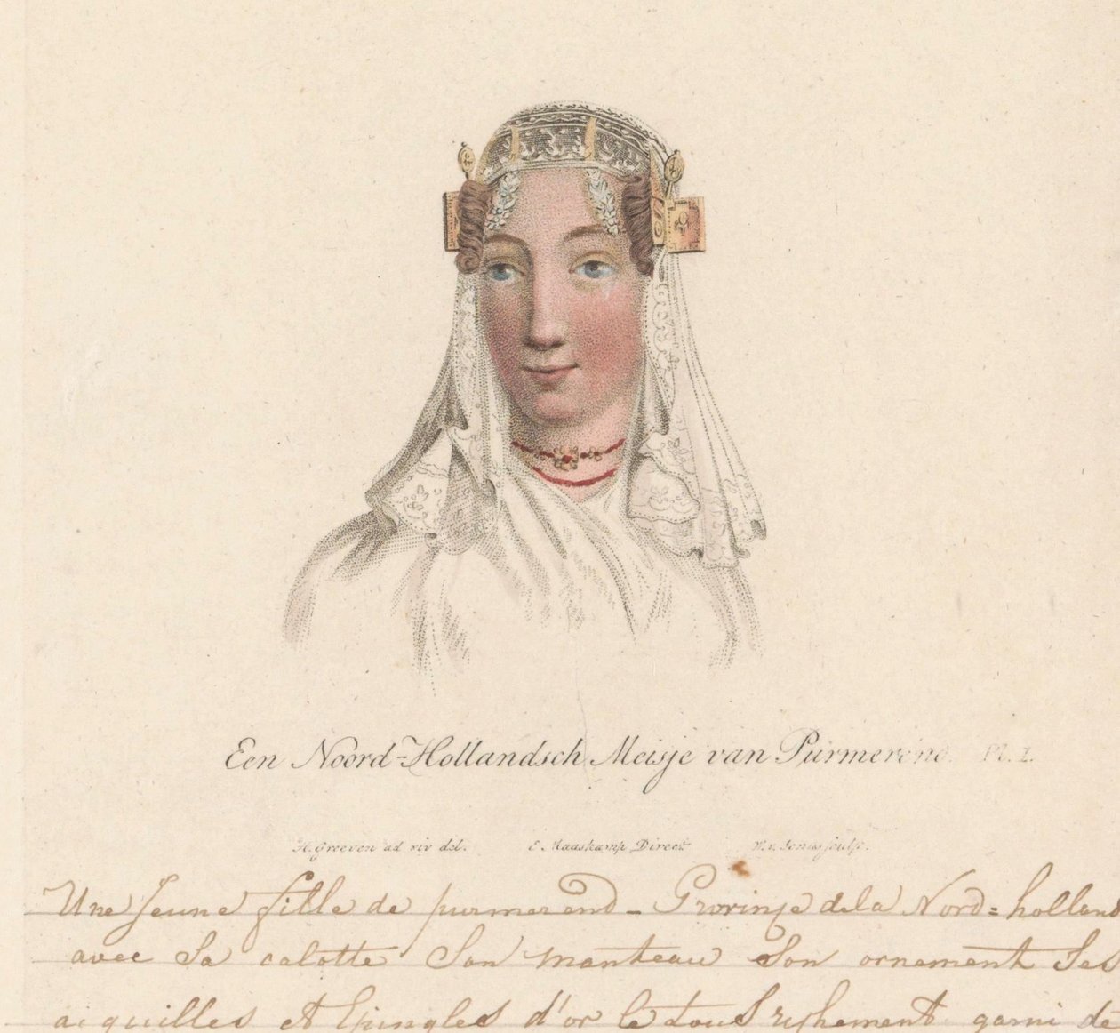 Čelenka dívky z Purmerendu, 1816 Dívka ze Severního Holandska z Purmerendu / Une Jeune fille de purmerend - Provincie dela Nord-hollande avec sa calotte son manteau son ornament ses aiguilles et epingles d