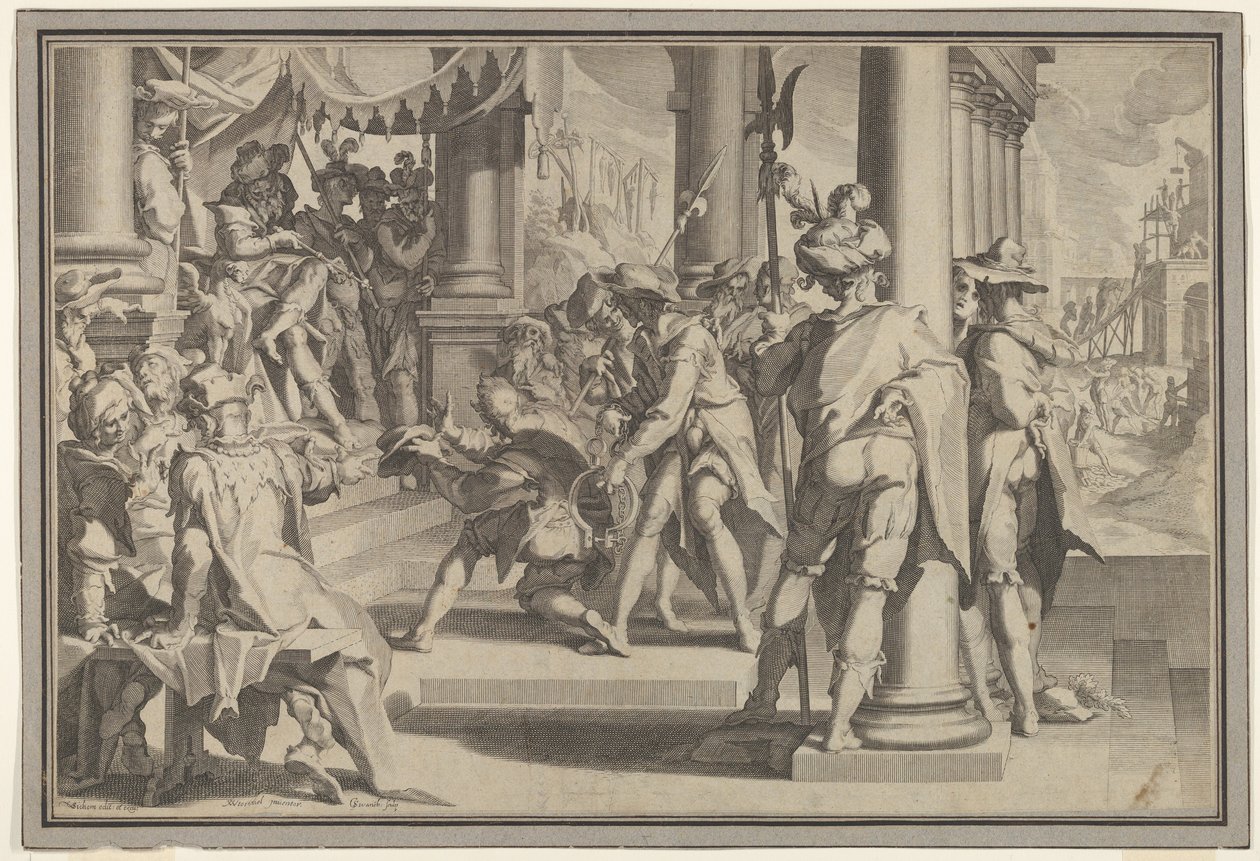 Alegorie spravedlnosti Posvátnost zákona se soudní scénou zobrazující muže, který dostává milost..., 1605. od Willem van Swanenburg
