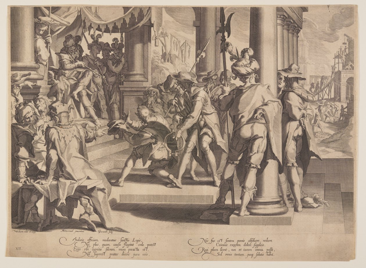Alegorie spravedlnosti, svátost práva, deska 12 z knihy Trůny spravedlnosti (Thronus Iustitiae) od Willem van Swanenburgh