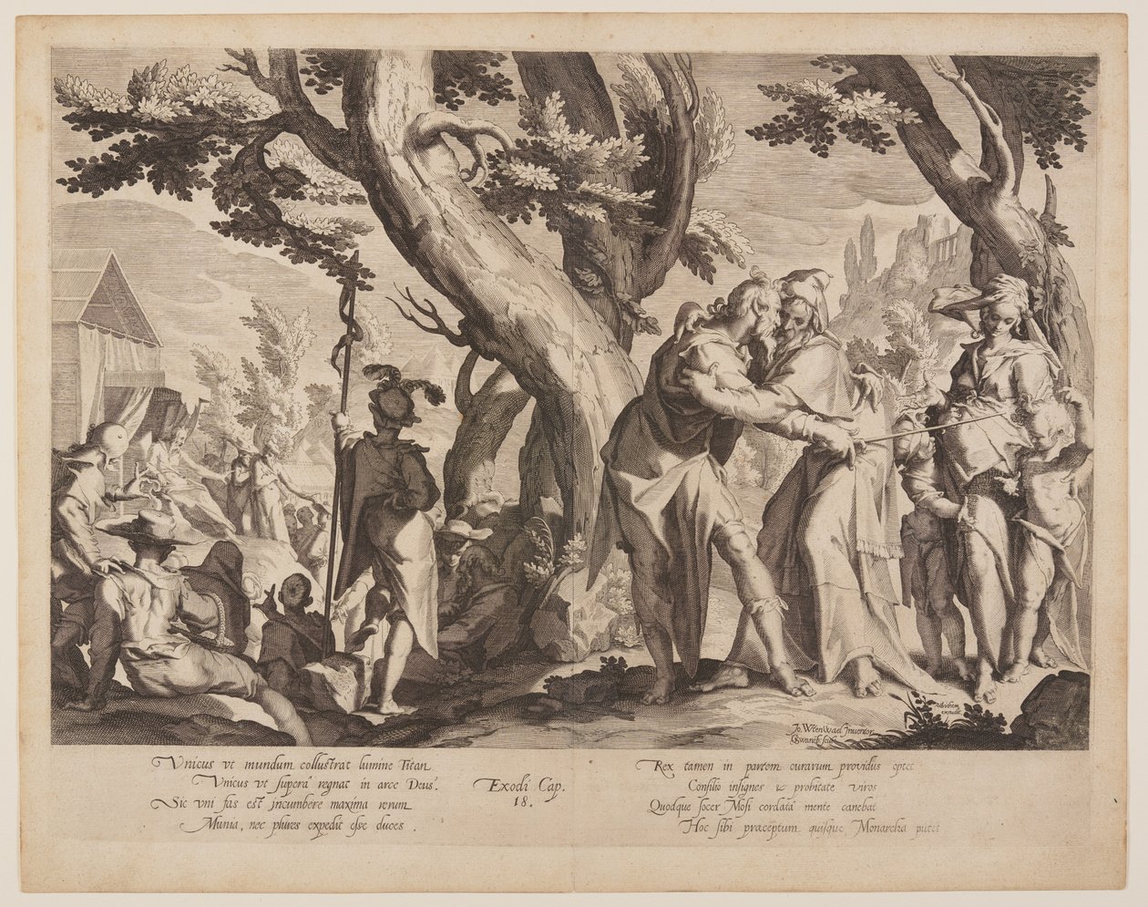 Setkání Mojžíše a Jetra, deska 1 z knihy Trůny spravedlnosti (Thronus Iustitiae) od Willem van Swanenburgh