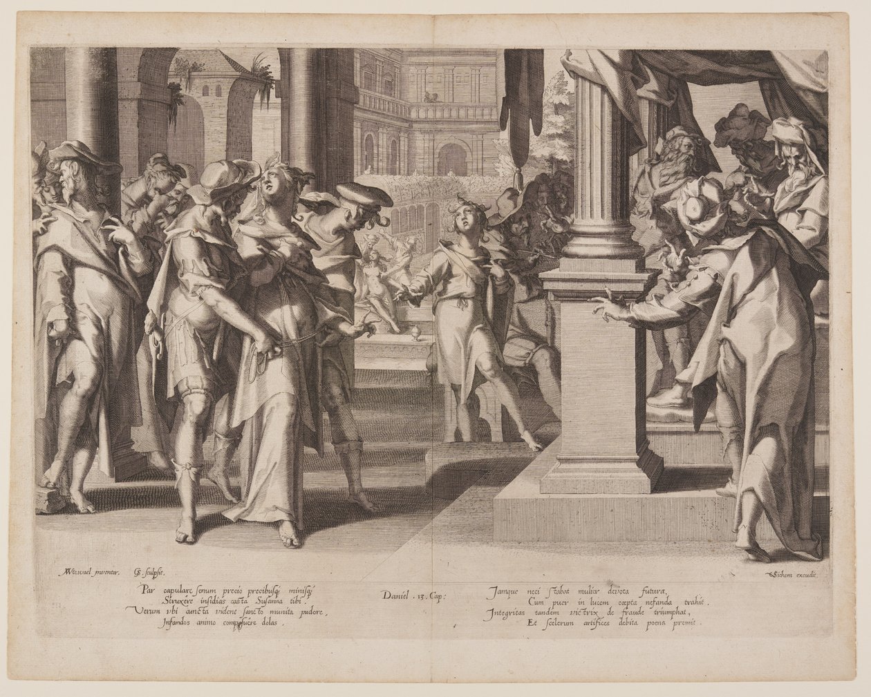 Susanna před Danielem, deska 3 z knihy Trůny spravedlnosti (Thronus Iustitiae) od Willem van Swanenburgh