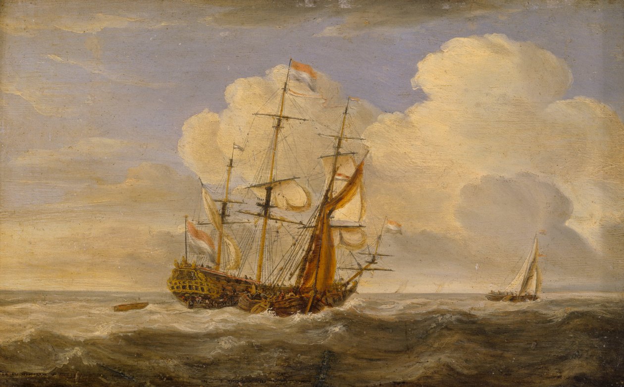 Holandská vlajková loď před větrem, konec 17. století až začátek 18. století (olej na desce) od Willem van de II (follower of) Velde