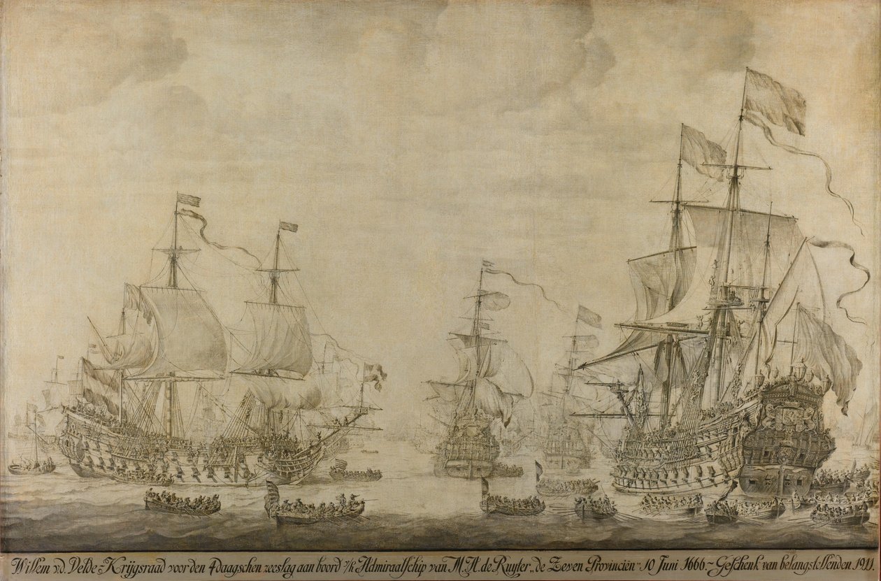 Rada války na palubě Sedmi provincií, vlajkové lodi Michiela Adriaensze de Ruytera, 10. června 1666, předcházející čtyřdenní bitvě: epizoda z druhé anglo-nizozemské války od Willem van de Velde (I)