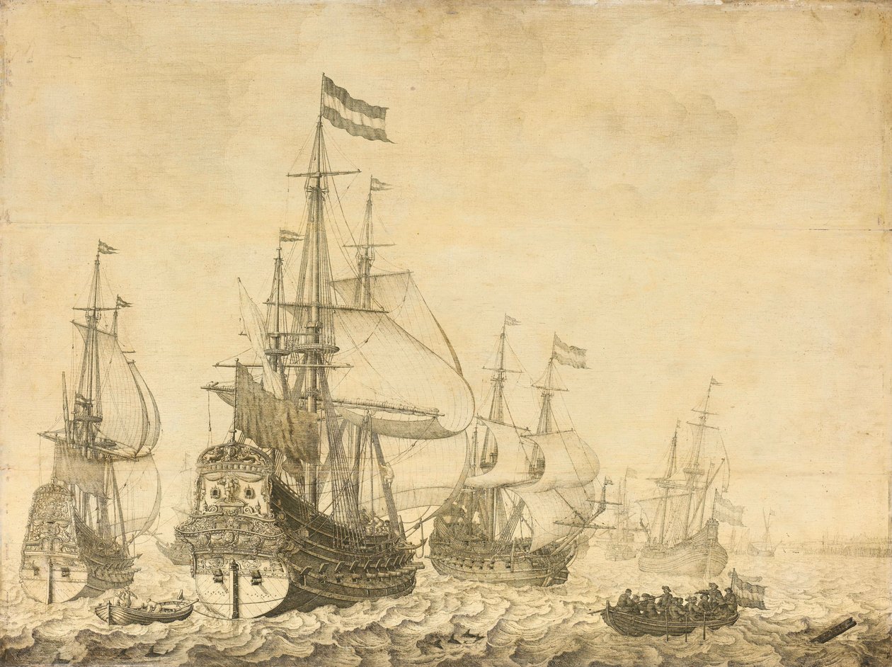 Přímořská krajina s nizozemskými válečnými muži včetně Drenthe a prince Fredericka-Henryho od Willem van de Velde (I)