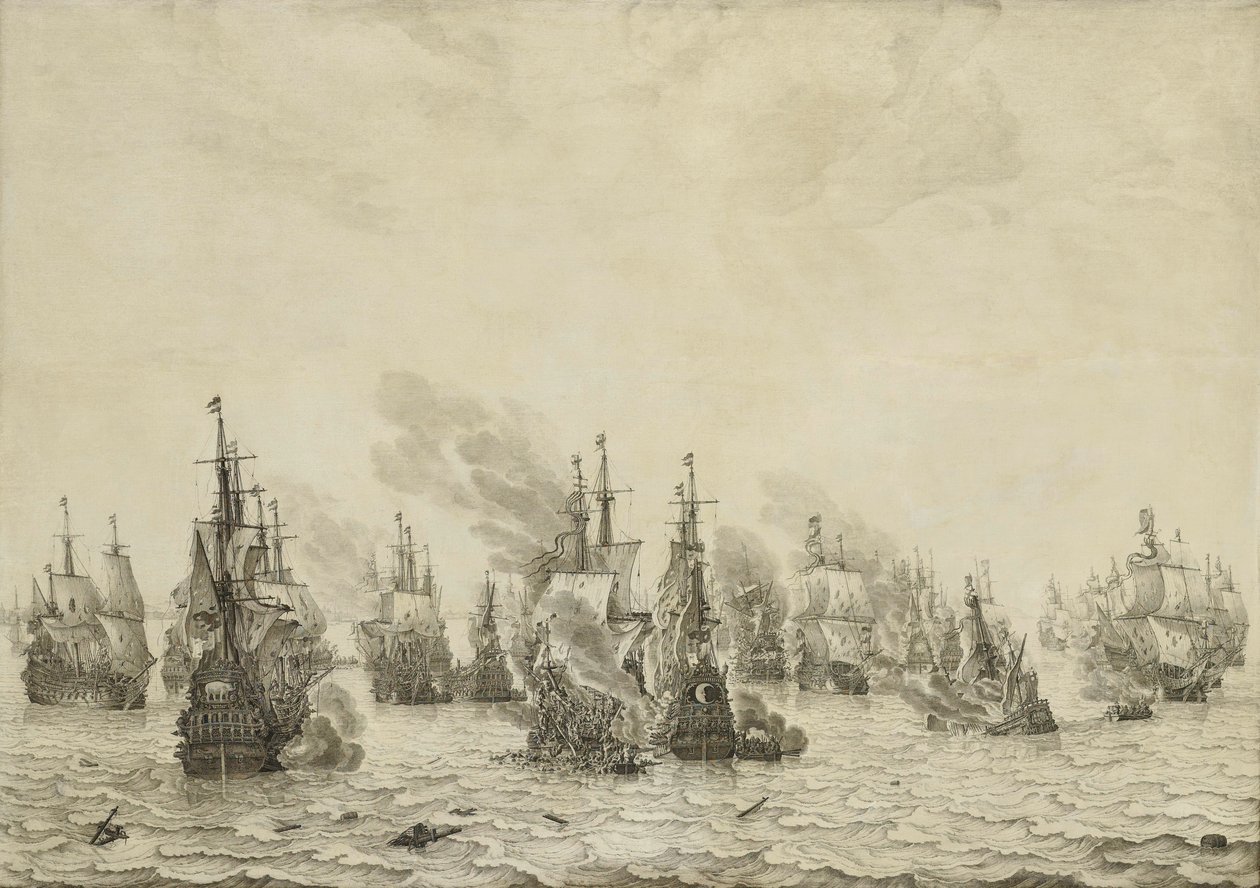 Bitva u Livorna (Leghorn) Námořní bitva u Livorna, 14. března 1653: Epizoda z první anglo-nizozemské války (1652-54) od Willem van de Velde (I)