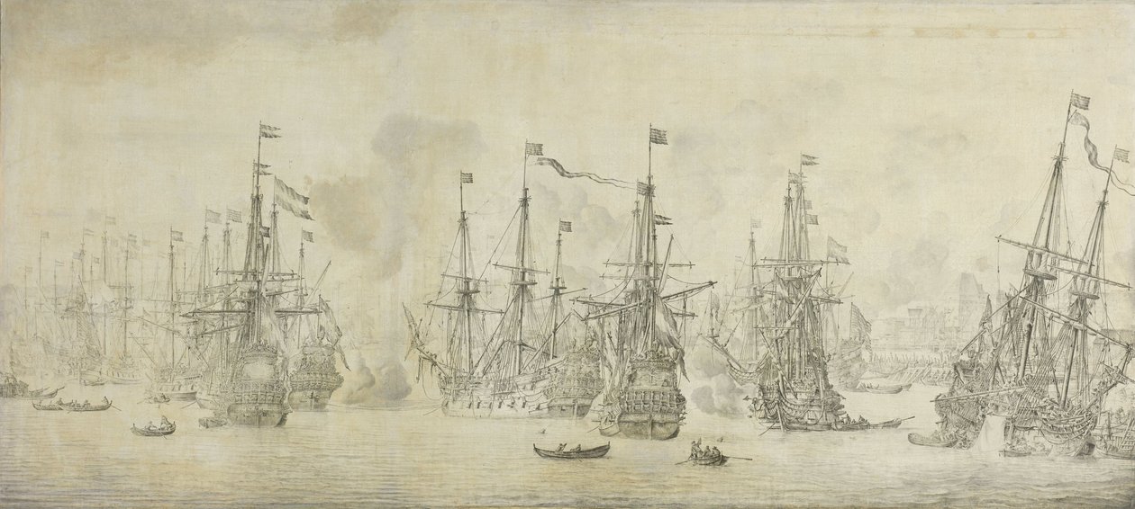 Neúspěšný útok Angličanů na návratovou flotilu v přístavu Bergen, Norsko, 12. srpna 1665: epizoda z druhé anglo-nizozemské války od Willem van de Velde (I)