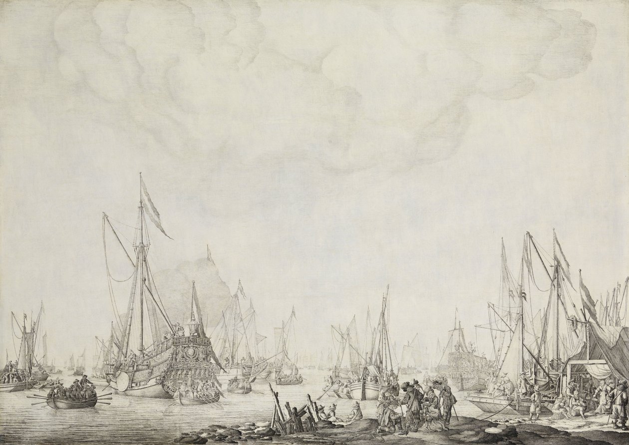 Královské a státní jachty, možná příjezd Karla II Anglie do Moerdijk, 1660 od Willem van de Velde (I)