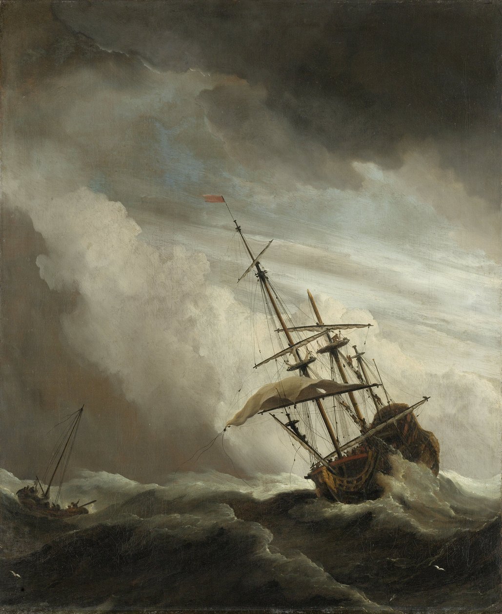 Loď na volném moři zachycená bouří, známou jako poryv, 1680 od Willem van de Velde
