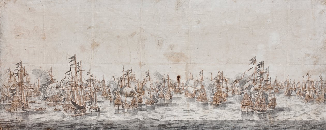 Bitva u Fehmarnu, kolem 1650 (inkoust a mytí na papíře) od Willem van de Velde