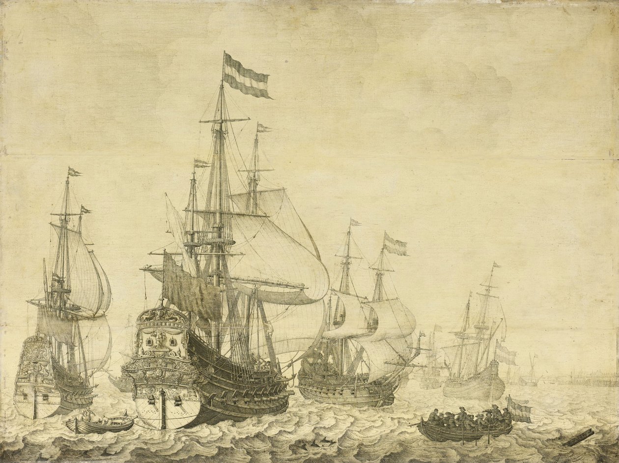 Přímořská krajina s holandskými válečnými muži včetně Drenthe a prince Fredericka-Henryho, kolem roku 1670 (malba na panelu) od Willem van de Velde