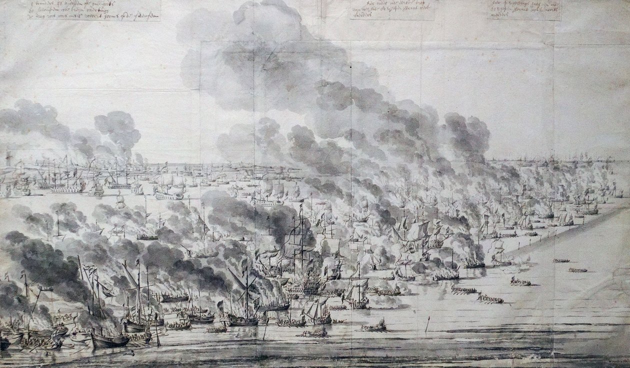 Robert Holmes zapálil nizozemskou flotilu v Terschellingu od Willem van de Velde the Elder