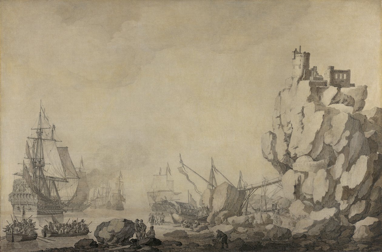 Lodě a milice skalním pobřeží od Willem van de Velde the Elder