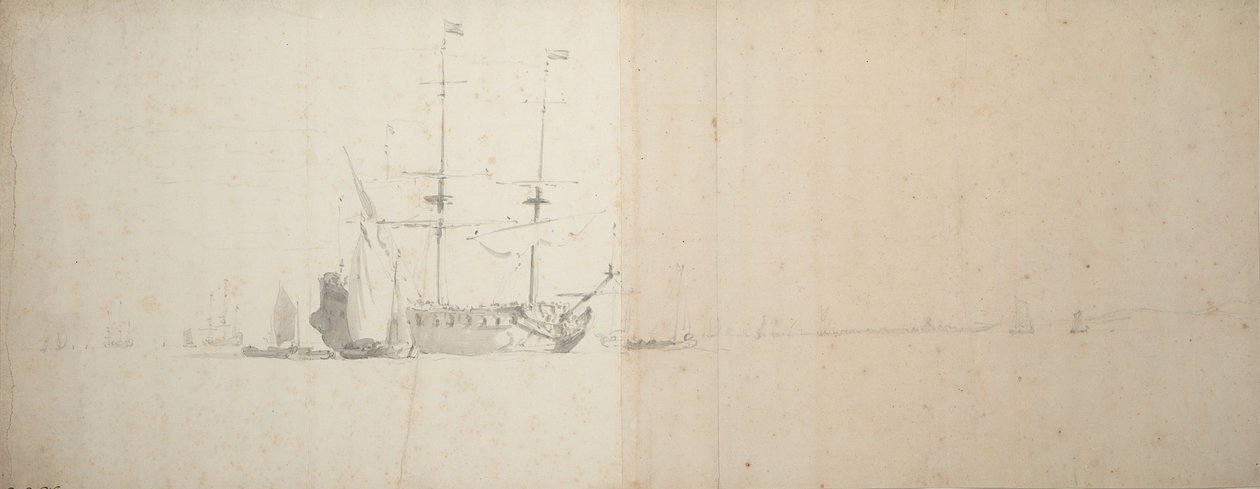 Nizozemská loď kotvící u pevniny, asi 1666 (grafit) od Willem van de Velde the Younger