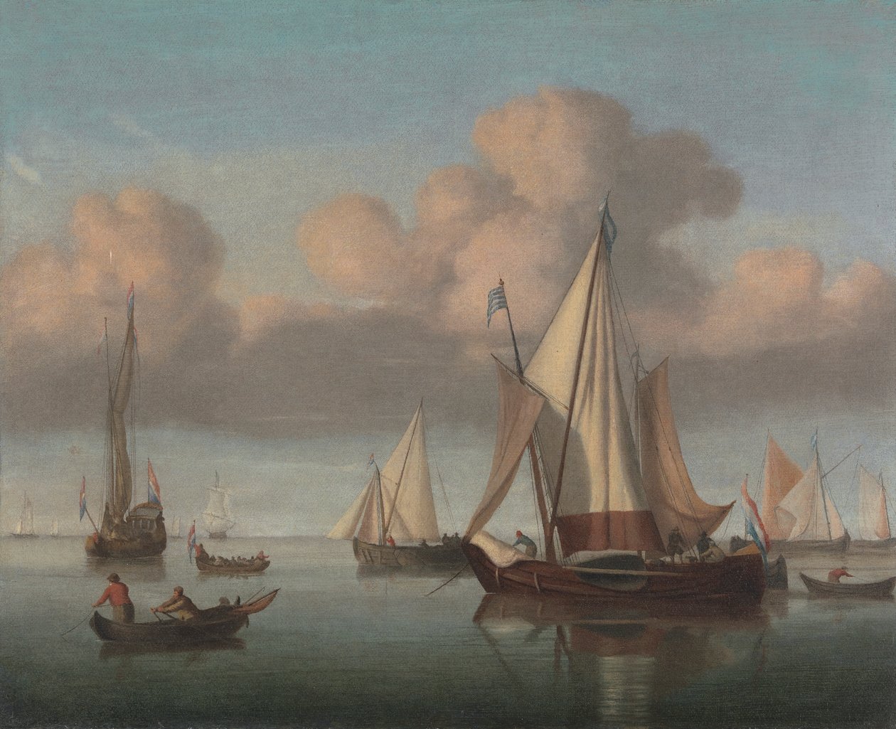 Kaag na kotvě se zvednutými plachtami a státní jachtou a dalšími plavidly od Willem van de Velde the Younger