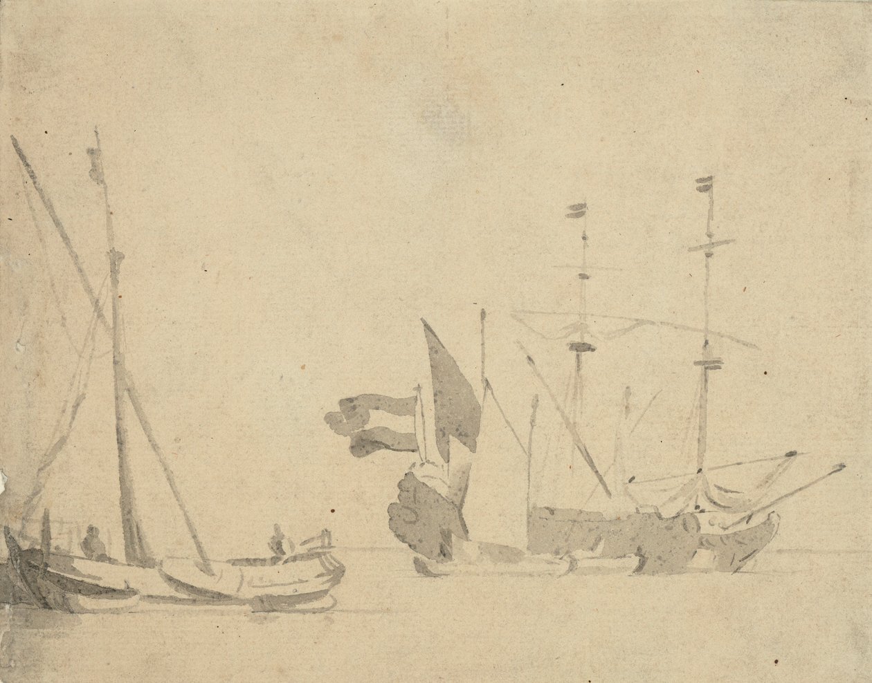 Bój u mola a holandská loď na kotvě, kolem roku 1665 (šedý wash) od Willem van de Velde the Younger