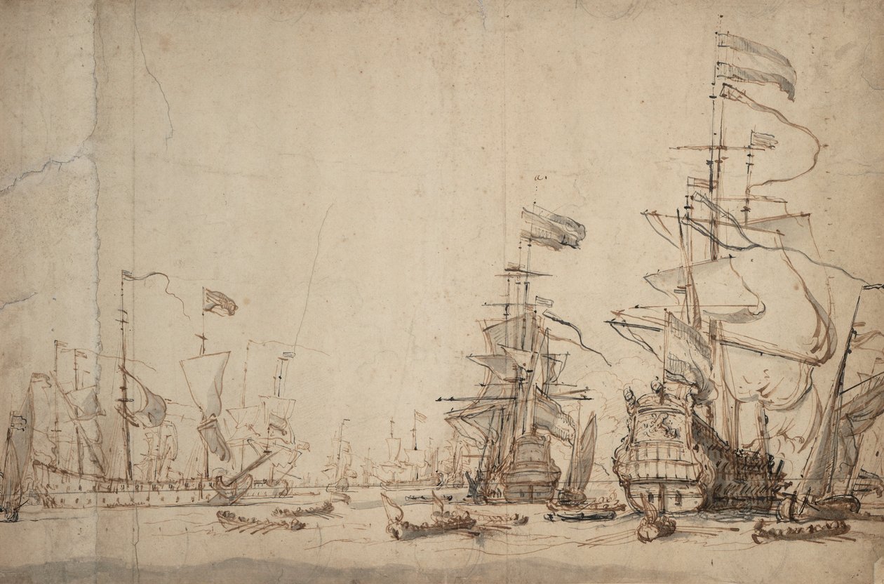 Válečná rada v nizozemské flotile Květen 1665, asi 1674 (pero, hnědá tuš, šedá barva) od Willem van de Velde the Younger