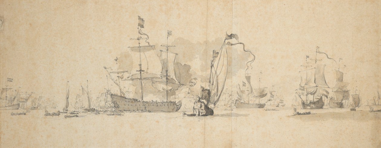 Válečná porada nizozemského loďstva, květen 1665, asi 1665 (grafit, šedá barva) od Willem van de Velde the Younger
