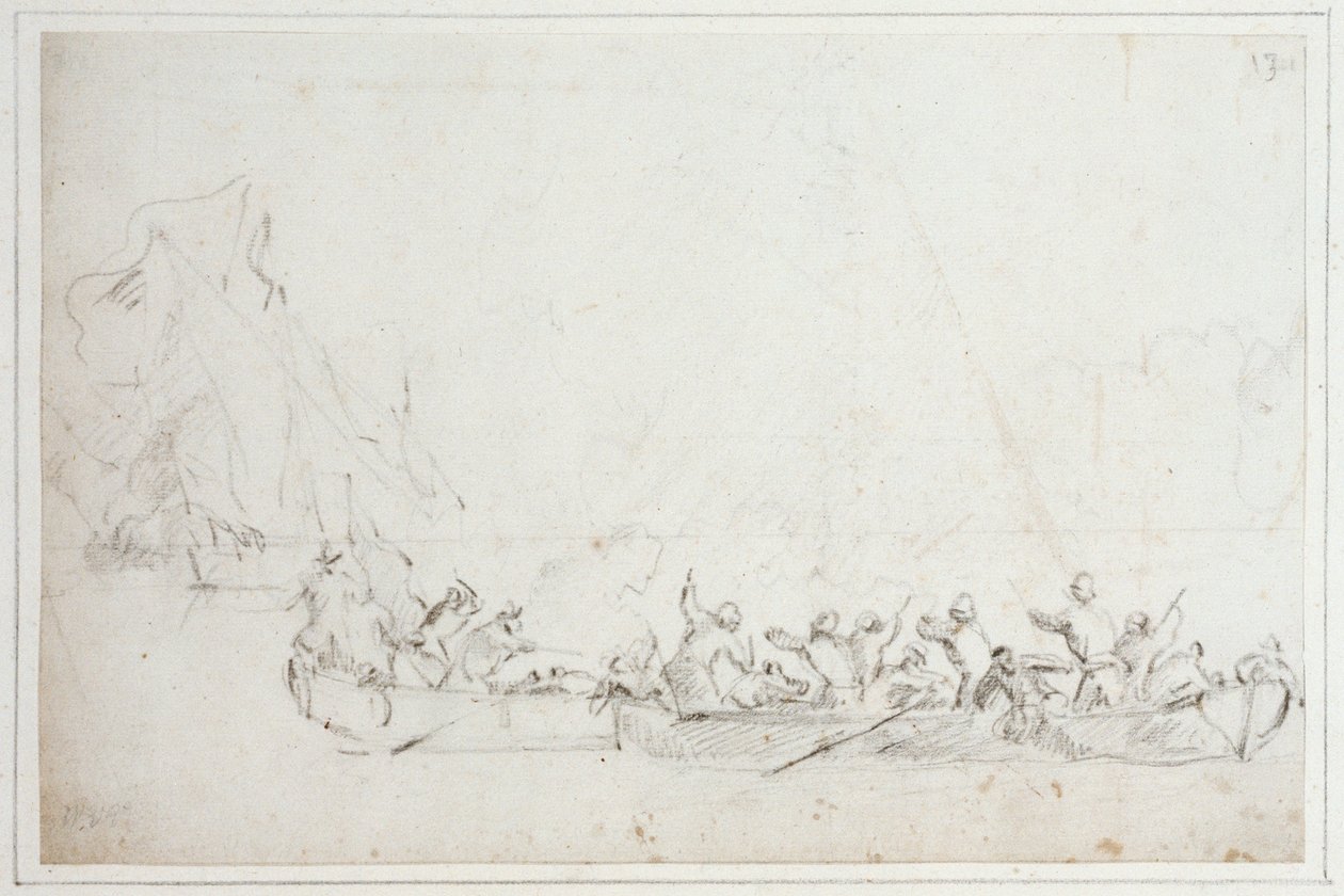 Boj na lodích mezi holandskými nebo anglickými a barbarskými piráty, asi 1675 (křída) od Willem van de Velde the Younger