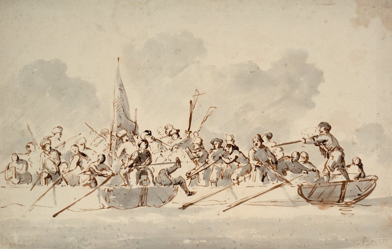 Boj na lodích s barbarskými piráty, asi 1685 (kresba) od Willem van de Velde the Younger
