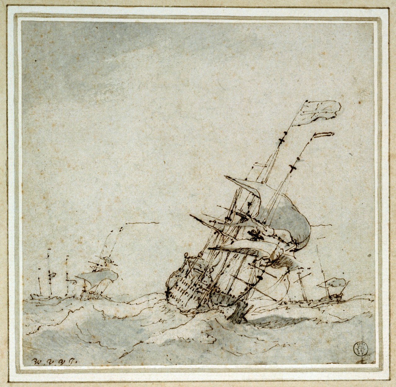 Vlajková loď (vlajkonoš), která se řítí na útěk před bouří. Kresba Willema van de Veldeho mladšího (1633-1707), provedená kolem roku 1700. od Willem van de Velde the Younger