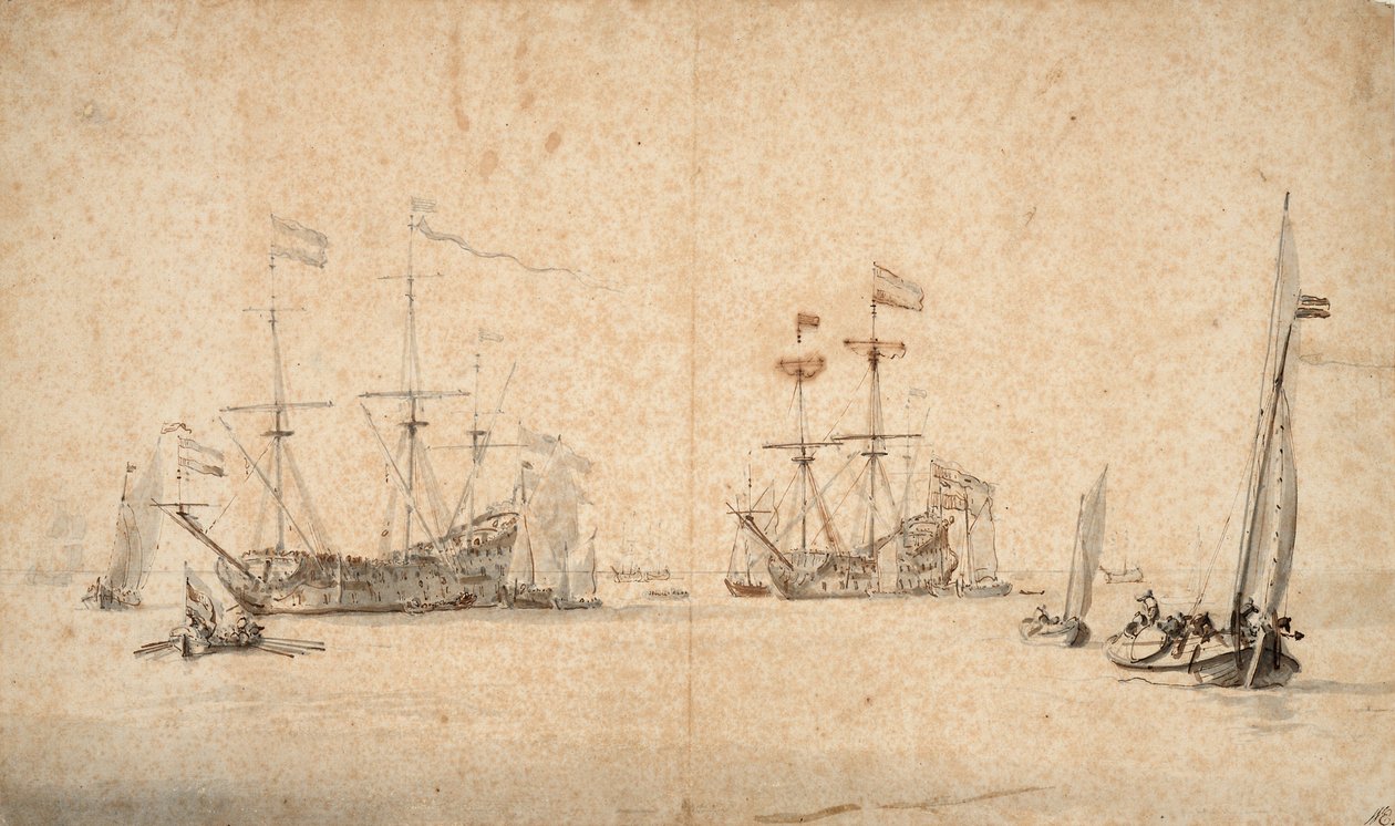 Volně běžící kaag a dvě holandské vlajkové lodě na kotvách, asi 1665 (pero, hnědá tuš, šedá barva) od Willem van de Velde the Younger