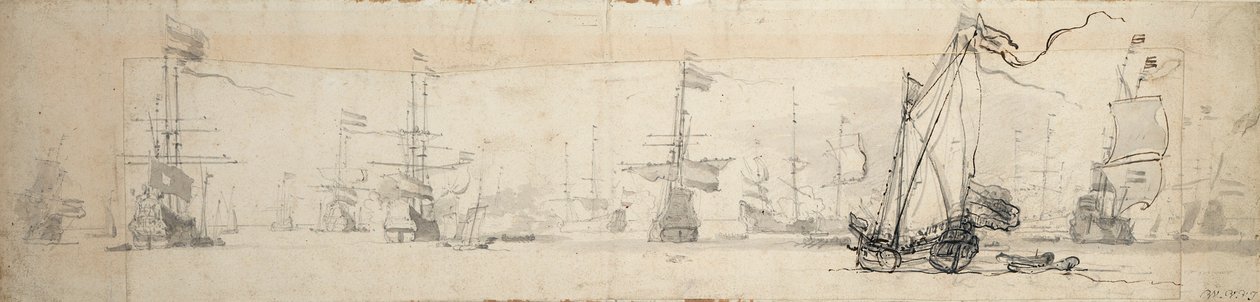 Státní jachta pod plachtami a lodě na kotvách, asi 1665 (grafit, šedá barva) od Willem van de Velde the Younger