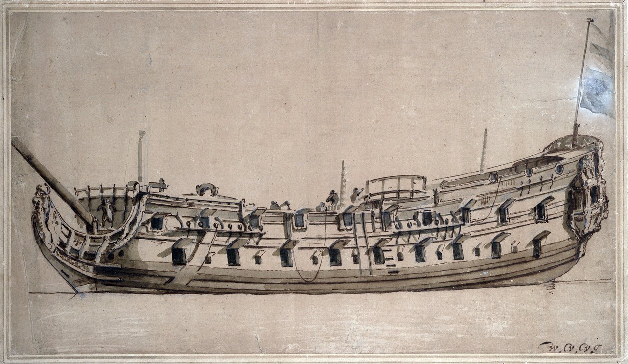 Britská loď čtvrté třídy se 42 děly, postavená kolem roku 1675. Kresba tuší od Willema van de Veldeho mladšího (1633-1707) od Willem van de Velde the Younger