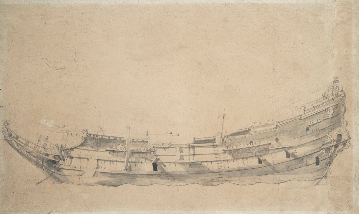 Portrét holandské fregaty, asi 1655 (grafit, šedá barva) od Willem van de Velde the Younger