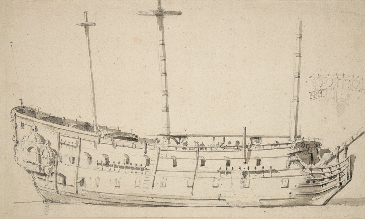 Portrét dvoupodlažního muže, asi 1675 (grafit, šedá barva) od Willem van de Velde the Younger