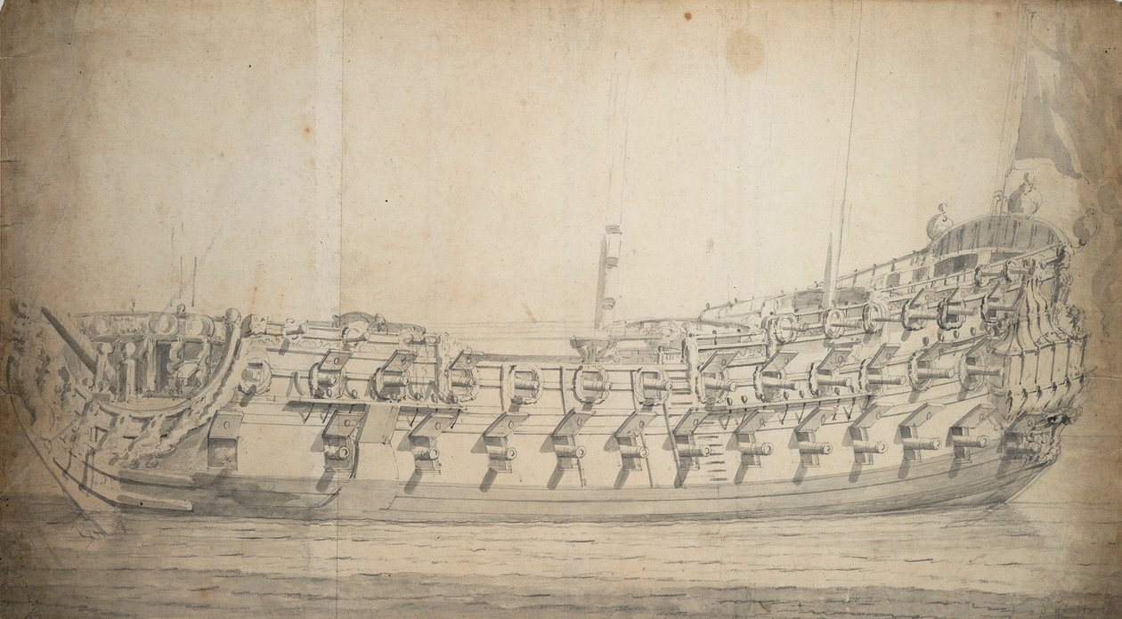 Portrét lodi "Grafton", třetí třídy, postavené v roce 1679 a přestavěné v roce 1700, asi 1680 (grafit, šedá barva) od Willem van de Velde the Younger