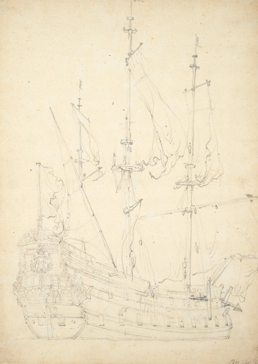 Portrét "Groeningen". Postaven v roce 1641. 48 děl. Objednána Dánskem v letech 1666-1667 a dále nezmiňována. Nazývaný také "Stad Groeningen", "Wapen van Groeningen" a "Zwarte Arend", asi 1666 (ofset, grafit). od Willem van de Velde the Younger
