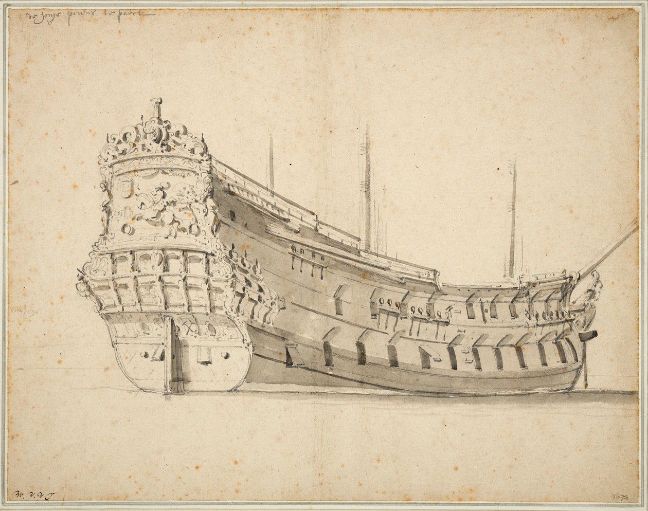 Portrét lodi "Prins te Paard" postavené kolem roku 1658 a ztroskotané v roce 1683, cca 1666 (grafit, šedá barva) od Willem van de Velde the Younger