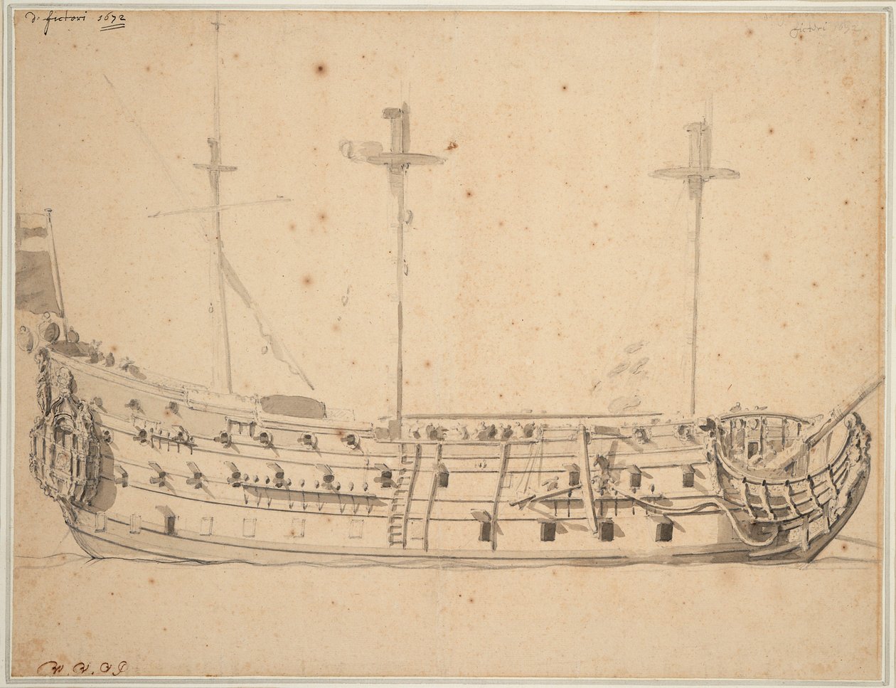 Portrét lodi Victory, 2. stupeň, postavena 1620, 82 děl, přestavěna 1666, cca 1672 (grafit, šedá barva) od Willem van de Velde the Younger