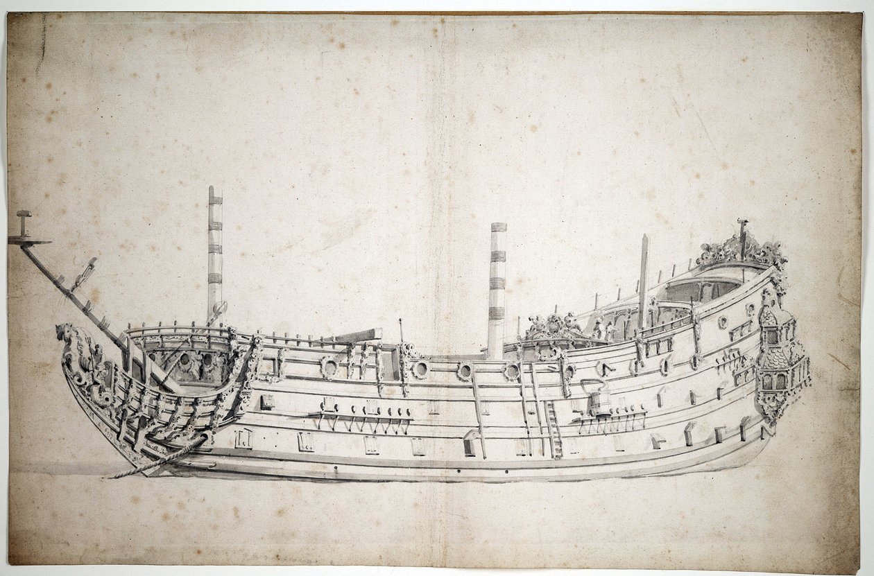 Portrét lodi "Triumph" (nebo "Saint George"), 70 děl, postavené v roce 1623, s hlavní postavou představující Neptuna a dvěma mořskými koníky, se třemi kompletními palubami. od Willem van de Velde the Younger
