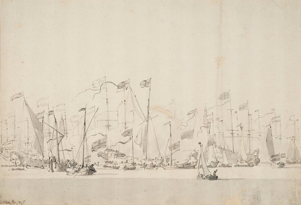 Říční slavnost na řece Y v Amsterdamu na počest prince Oranžského, 5./15. června 1660, asi 1675 (pero, wash) od Willem van de Velde the Younger