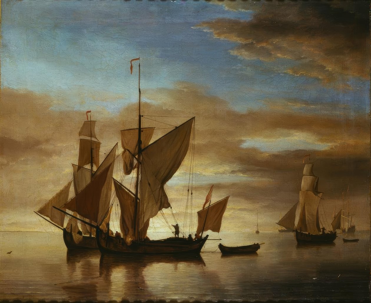 Lodě na klidném moři ve večerním světle od Willem van de Velde the Younger