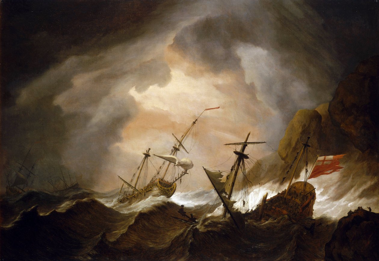 Dvě britské lodě ztroskotají v bouři poblíž skalnatého pobřeží. Olej na plátně, kolem roku 1700, autor Willem van de Velde (1633-1707). od Willem van de Velde the Younger