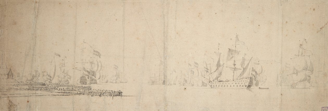 Nizozemská flotila vystupující z mola, asi 1665 (grafit, šedá barva) od Willem van de the Elder Velde