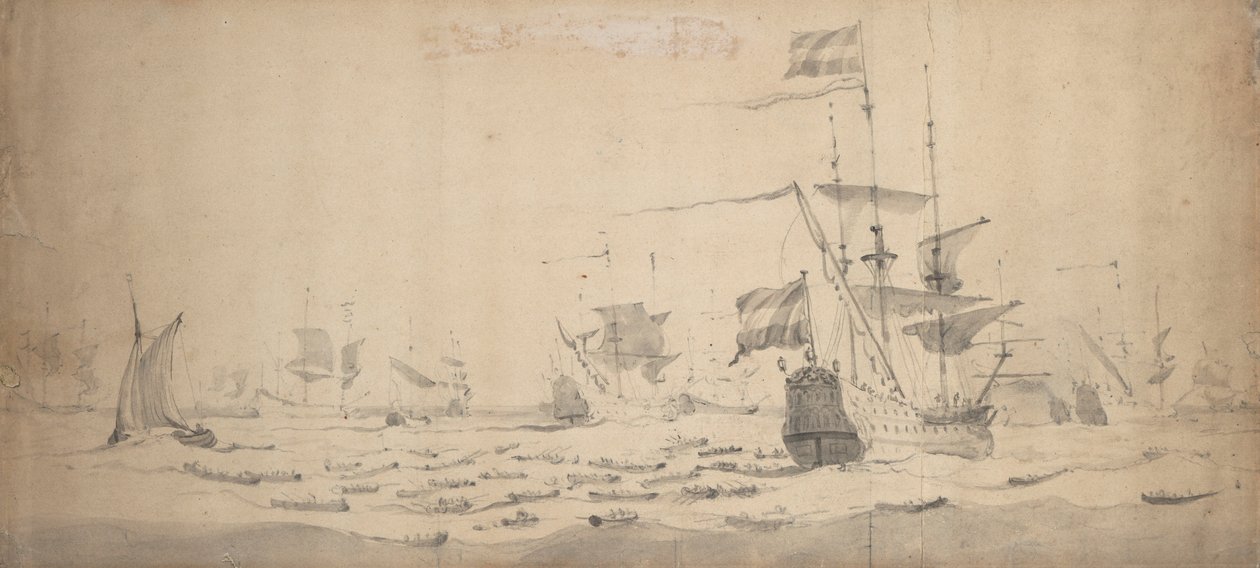Nizozemská flotila ležící ve větru: válečná rada, asi 1665 (grafit, šedá barva) od Willem van de the Elder Velde