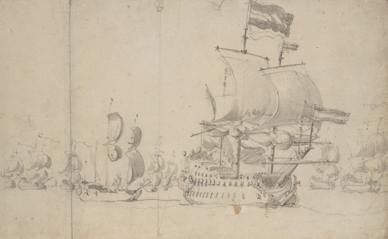 Holandská vlajková loď s expediční lodí na své čtvrti, květen 1672, asi 1672 (tužka, wash) od Willem van de the Elder Velde